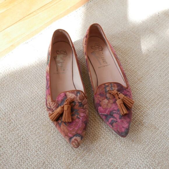 Anthropologie Bique Ballerinas | Velvet loafer pointed toe floral suede trim siz - Picture 5 of 13